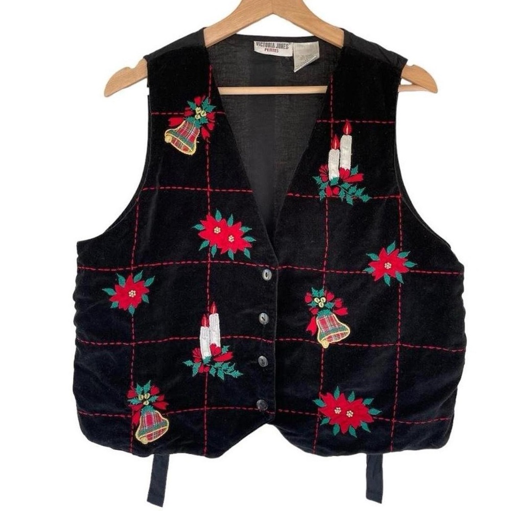 Vintage Victoria Jones Petites Black Velvet Embroidered Christmas Holiday Vest - Picture 6 of 7